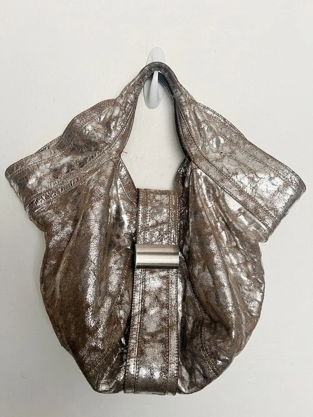 VTG KOOBA Purse Bag Metallic Silver 2000s Y2K Distressed Hobo Large Shoulder
